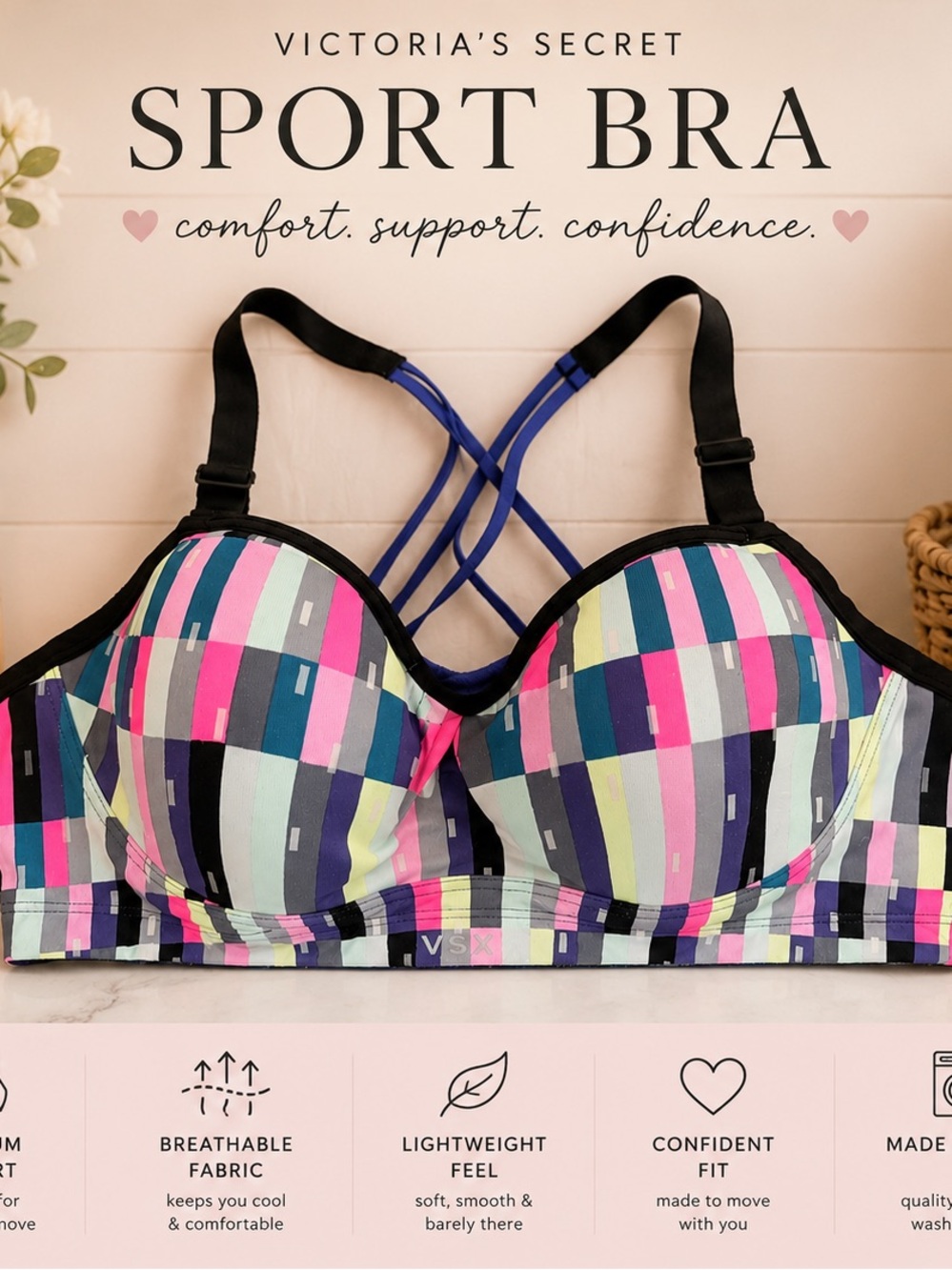 VSX Victoria’s Secret Sport Bra 36B Multicolor Criss Cross